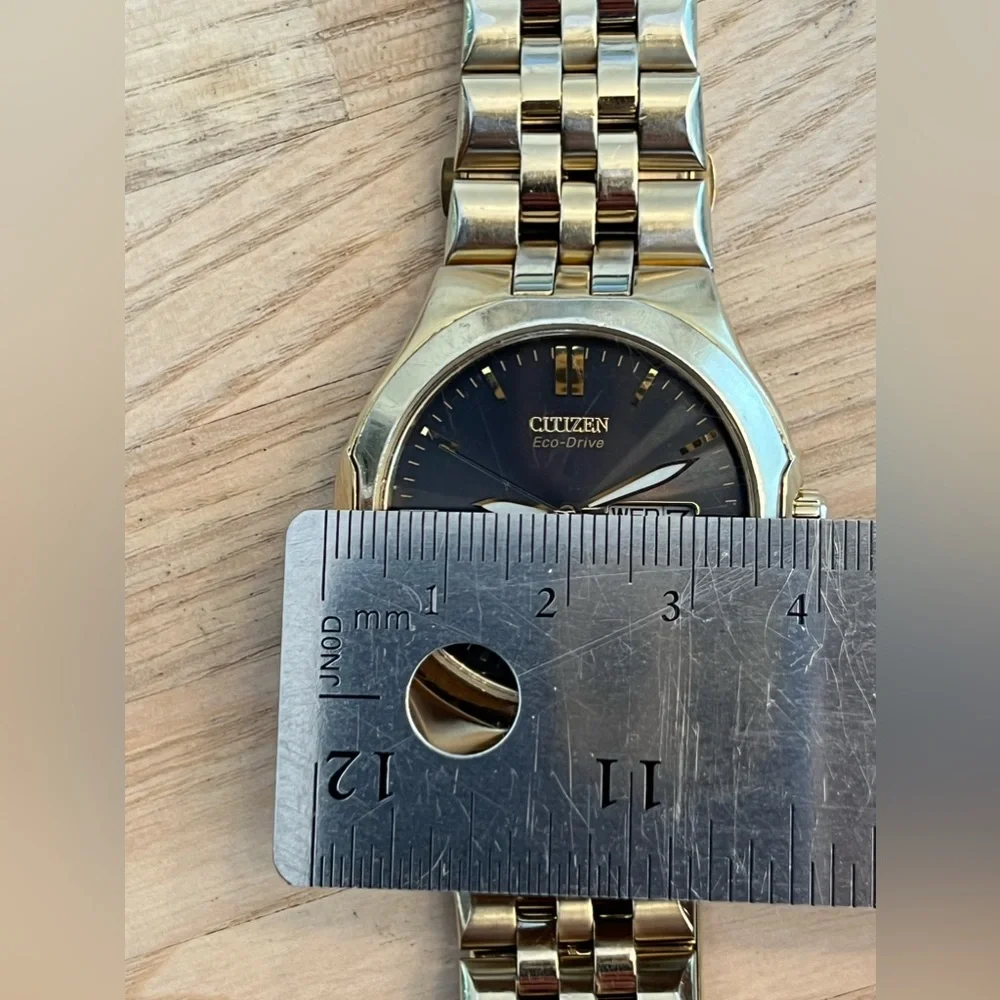 Citizen Eco-Drive Men’s Watch Dark Gray Dial Day Date Window Gold-Tone Bracelet